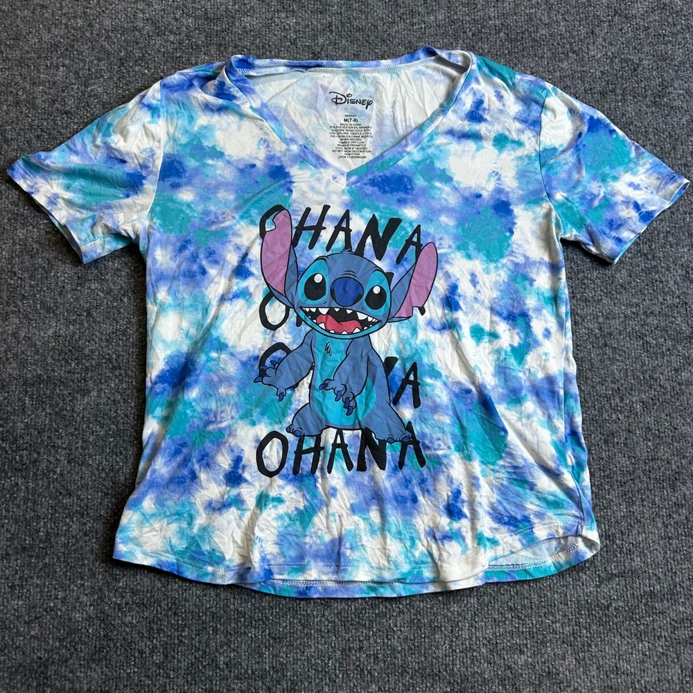 Disney T-Shirt Womens M Blue Tie Dye Stitch Ohana Graphic V-Neck Short Sleeve